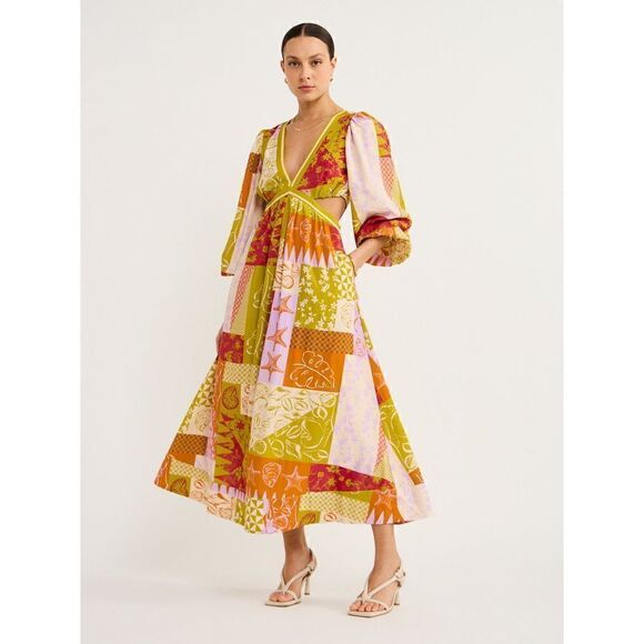 Mon Renn Cove Patchwork Long Sleeve Midi Dress In Patchwork Size S NWT $189 - Picture 1 of 12